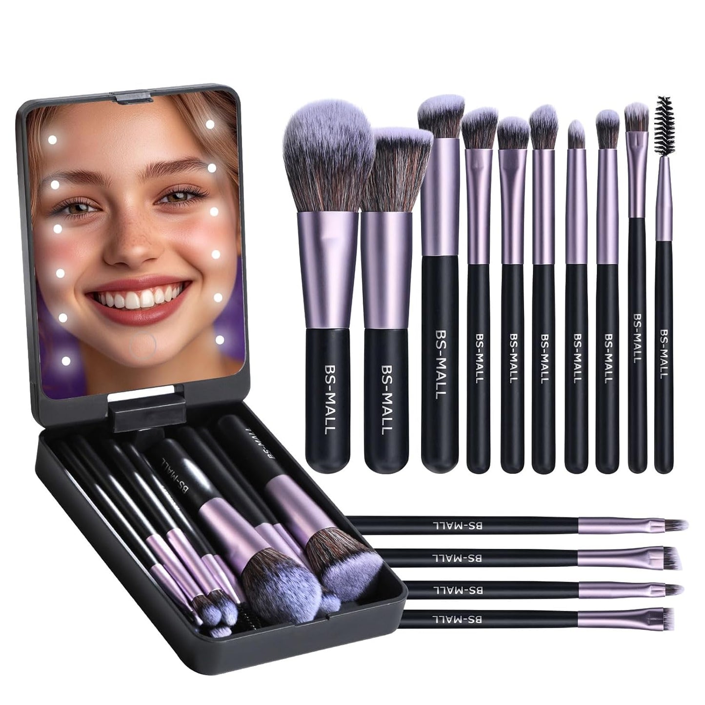 BS-MALL Travel Makeup Brush Set Foundation Powder Concealers Eye Shadows Makeup Set with LED light Mirror 14 Pcs