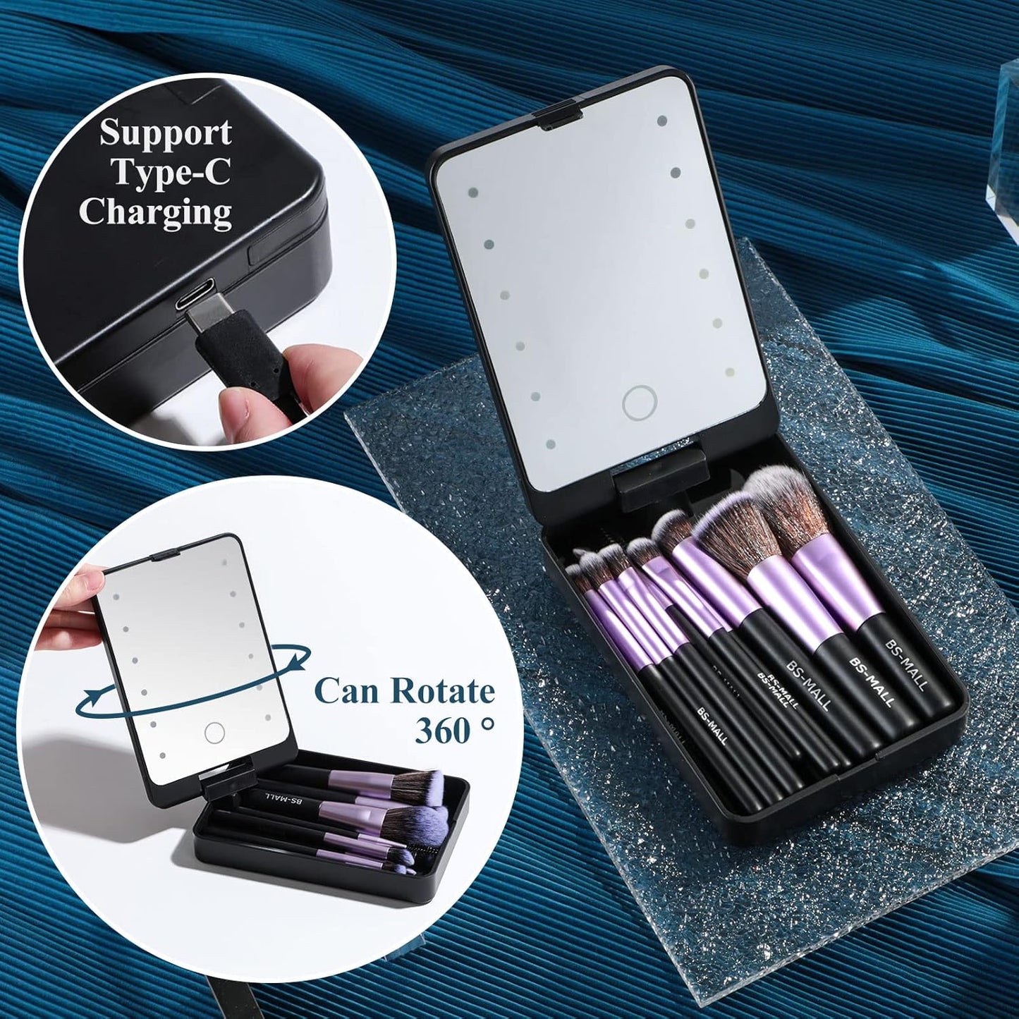 BS-MALL Travel Makeup Brush Set Foundation Powder Concealers Eye Shadows Makeup Set with LED light Mirror 14 Pcs